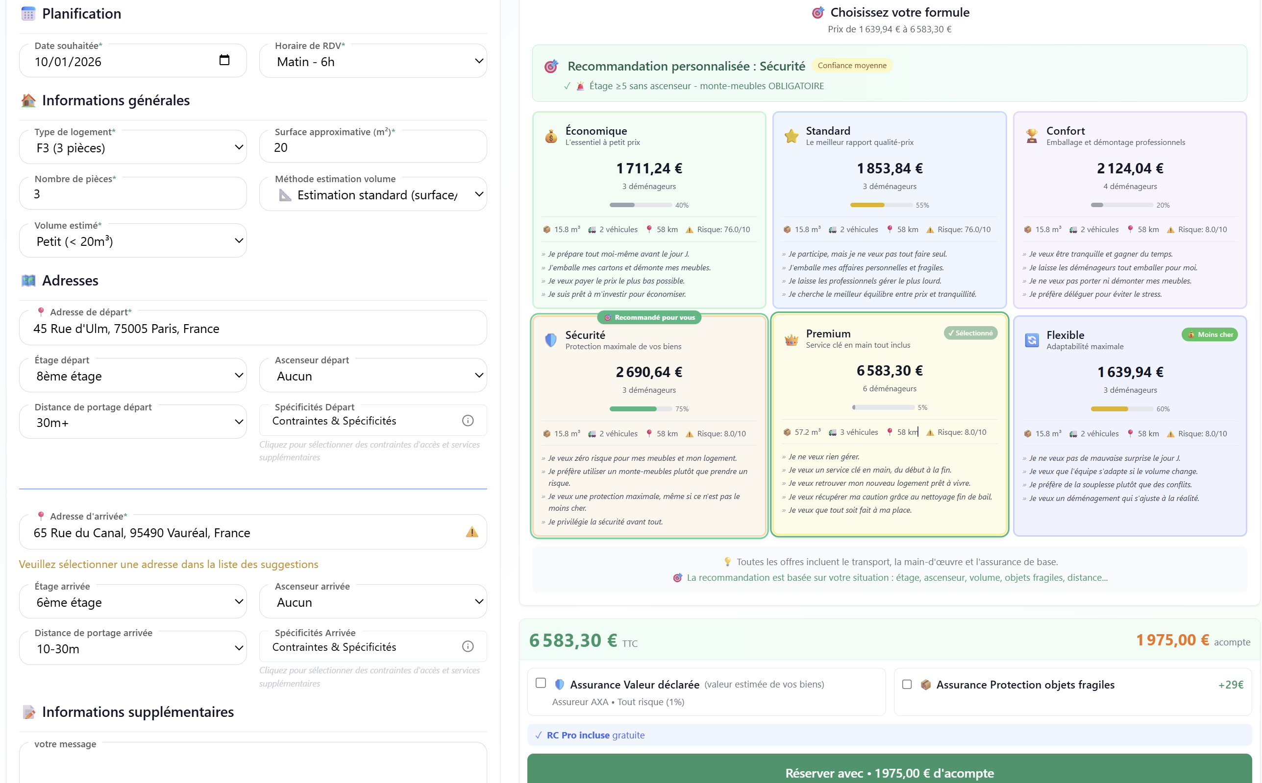 Capture d'écran du formulaire de devis avec calcul en temps réel montrant 6 formules comparables (Éco, Standard, Confort, Sécurité, Premium, Flexible) avec prix détaillés, nombre de déménageurs, volume, distance, score de risque, et section de réservation avec options d'assurance et acompte